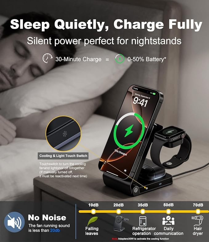 3 in 1 Wireless Charging Station with TEC Active Cooling | 25W Fast Charger for MagSafe Magnetic Foldable Charger Stand