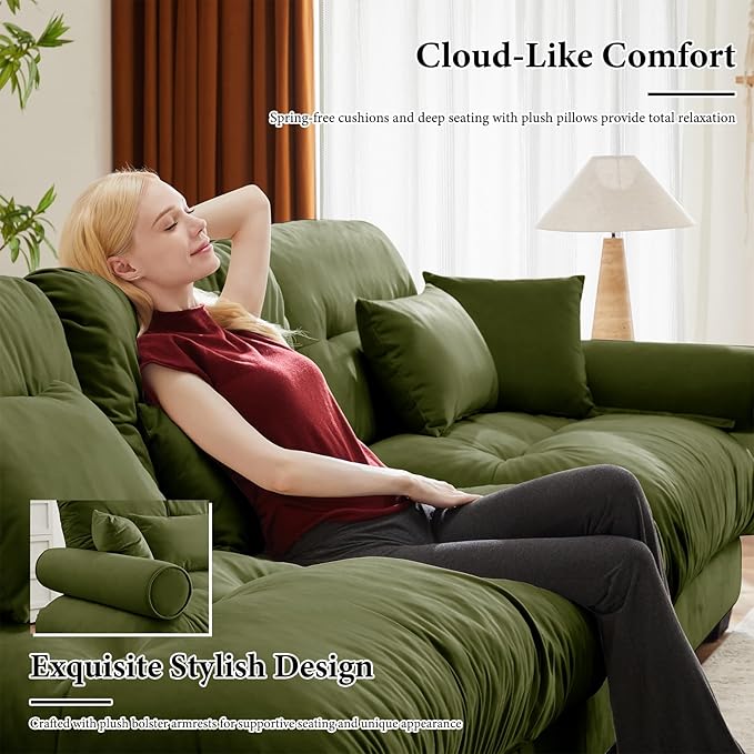 166" Oversized Couch, 4 Seater Modular Sectional Sofa, Olive Green Large L Shaped Sectional Couches for Living Room, Fluffy Couch Set, 4 Seater, Velvet Cloud with Ottoman, Sofas for Living Room