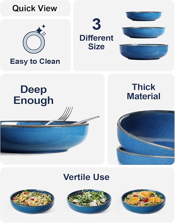 LE TAUCI Pasta Bowls 45 Ounce, Ceramic Salad Bowl, Large Serving Bowl Set - Set of 4, Ceylon Blue