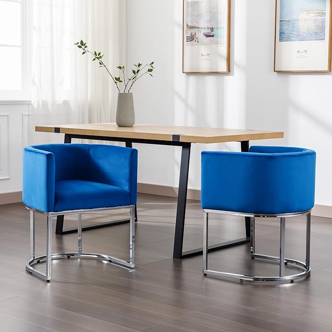 Velvet Dining Chair Set: Modern Barrel Arm Chairs - Chrome Metal Frame, Upholstered Accent Chairs (18.5" W) for Dining & Living Room, blue