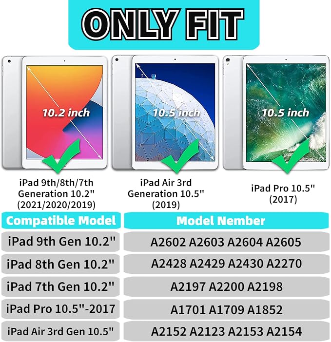 Kids Case for iPad 10.2 &amp 10.5 iPad 9th/8th/7th Generation 10.2 2021 2020 2019 Case with Screen Protector iPad Air 3rd Gen/Pro 10.5 inch Protective Cover with Handle Stand Black