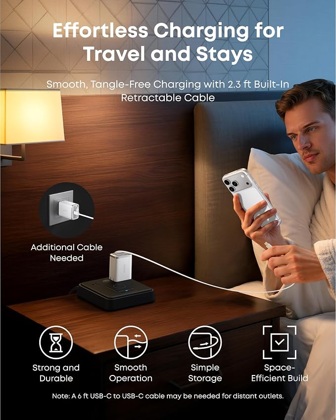 Anker Nano Retractable USB C Charger Block Compact 35W Phone Charger | 2-Port Charger with Durable Built-in Anker InstaCord Retractable Cable for iPhone 17/16/15 iPad(BlackNon-Battery)