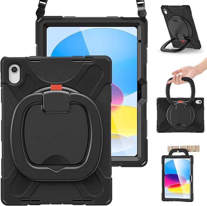 BRAECN Case for iPad (A16) 11th/10th Generation 11”/10.9'' 2025/2022, Protective Silicone Rugged with Screen Protector/Swivel Ring Stand/Stable Kickstand/Handle Grip/Shoulder Strap for Kids, Black