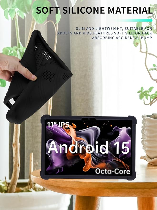 Case for ApoloMedia EP1095T 11 Tablet 2025 Android 15，WUNIAK Shock Proof Lightweight Stand Rubber Shell Protective CoverKids Friendly Soft Silicone Adjustable Stand CoverBlack