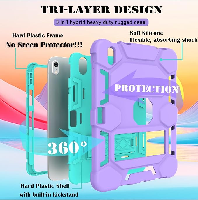 Case for iPad 11 11th Gen (A16) 2025 &amp 10th Gen 2022 10.9 Purple+Green | Kickstand | With Pencil Holder | Drop-Proof Silicone+Hard Shell | Raised Edge Protects Screen&ampCamera | Heavy Duty Pr