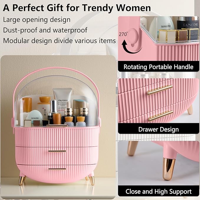 Makeup Organizer for Vanity, Cosmetics Skincare Organizers with Lid and Drawers, Cosmetic Display Cases for Countertop Bathroom Dresser, Ideal Gifts for Women