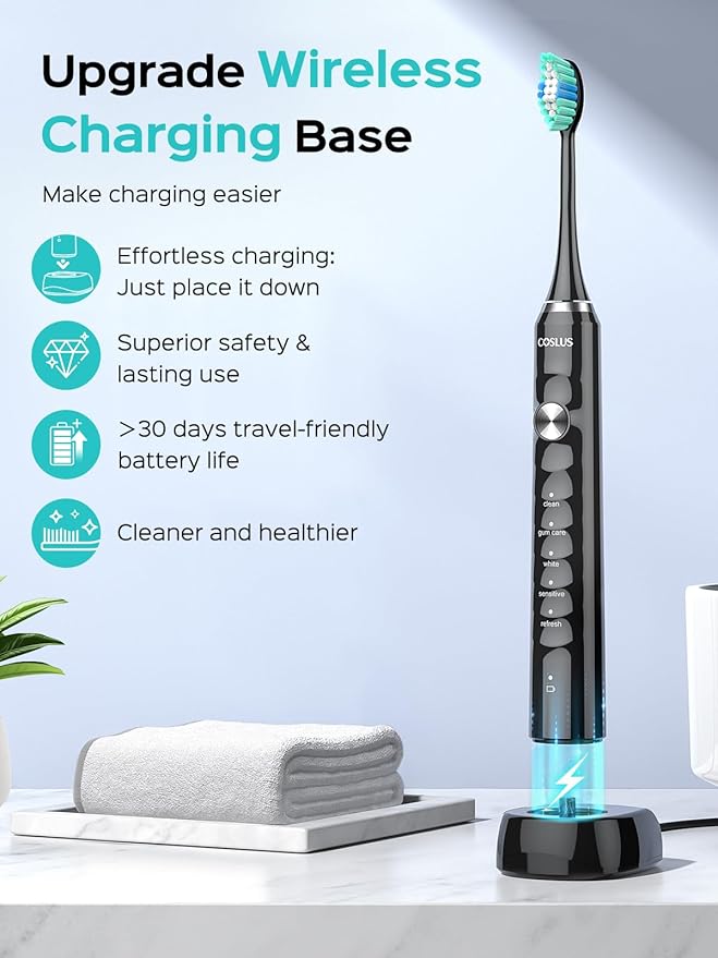 COSLUS Sonic Electric Toothbrush for Adults: 47000 VPM for Deep Cleaning & Whitening with Travel Case - 5 Modes for Sensitive Teeth & Braces, Wireless Charging, 6 Brush Heads for Family, Black (1PC)