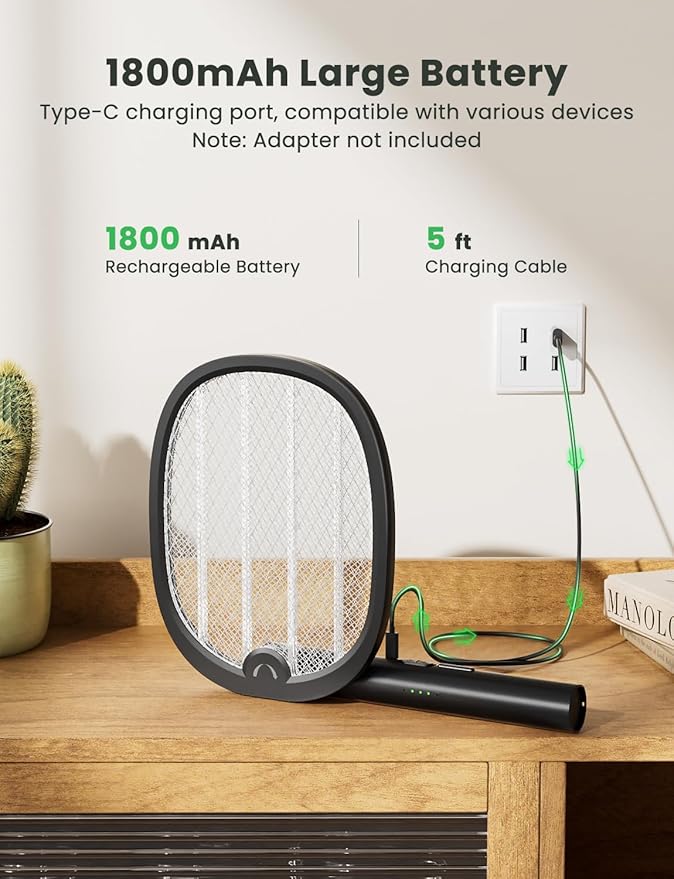 YISSVIC Electric Fly Swatter Foldable Bug Zapper Racket 2 in 1 Mosquito Killer with Purple Attractant Light Rechargeable 1800mAh for Indoor Home Backyard Patio Camping