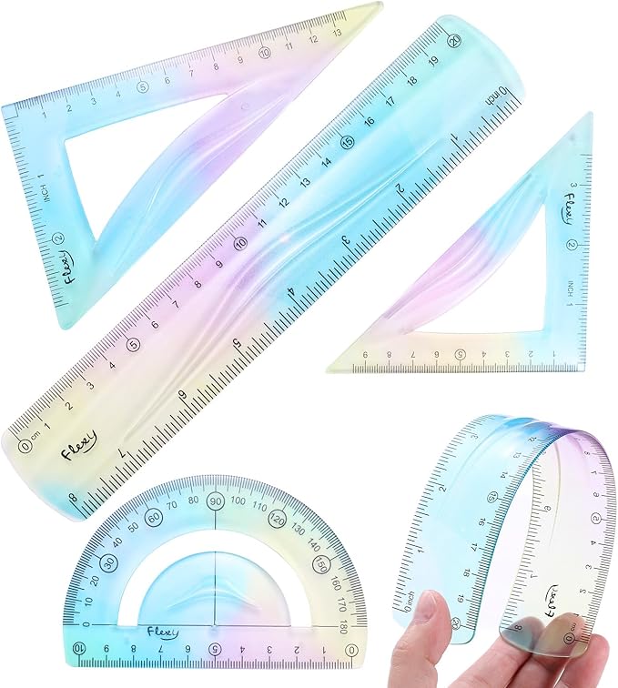 HARFINGTON 4pcs Triangular Ruler Set 20cm Plastic Flexible Straight Metric Soft Bendable Ruler Geometric Protractor Triangle Rulers for Home Office