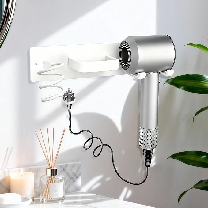 Dovyn Blow Dryer Holder Wall Mount, 3 in 1 Bathroom Hair Tool Organizer with Curling Iron Holder & Flat Iron Holder, Universal Hair Dryer Holder Rack Storage White