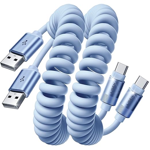 LISEN Chubby Cable Coiled Cable 2 Pack Car Play Cord | for Android Auto Short USB A to USB C Cable for iPhone 17/16/15 Samsung Galaxy S25/S24 A15/A14 Google Pixel 9/8 Blue 4FT