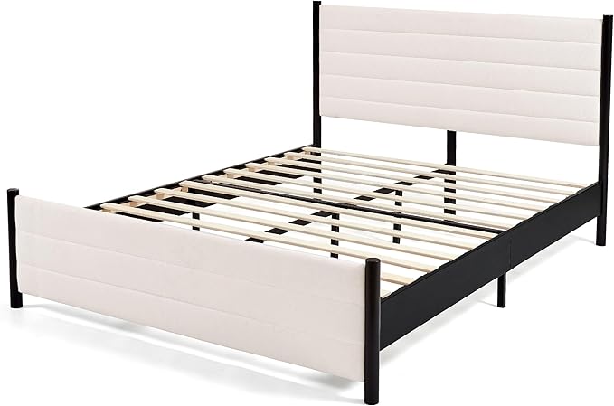Hokway Bed Frame Upholstered Platform Bed with Headboard Wooden Slat Support No Box Spring Needed(Full, Beige)