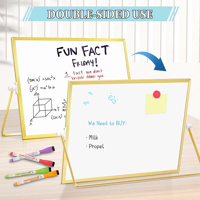 Magnetic Dry Erase White Board, 16" x 12" Double-Sided Golden Aluminum Frame Desktop Whiteboard with Stand, Portable Small Whiteboard Set for Drawing, Office, Home