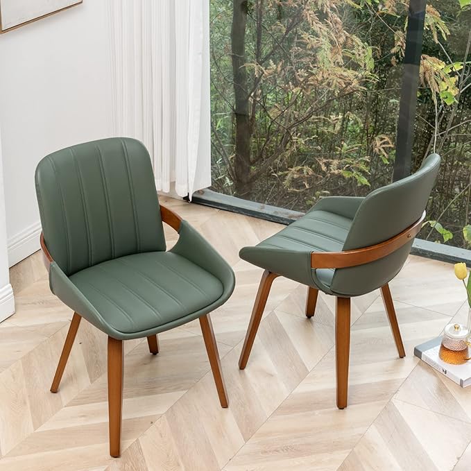 Mid Century Modern Faux Leather Upholstered Dining Chairs,Armless Accent Chairs with Sturdy Natural Wood Legs,Bamboo Backrest Support for Kitchen&Dining Room Chairs(1PCS,Green)