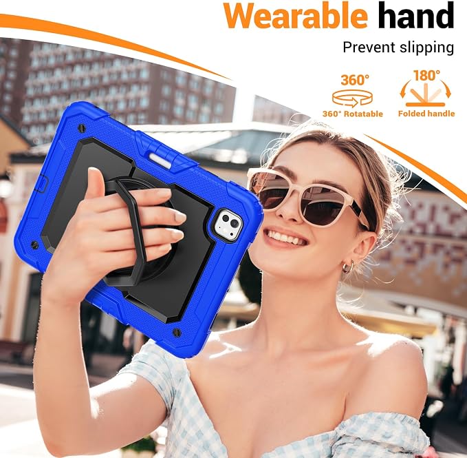 for iPad Pro 11 inch Protective Case M5 2025/M4 2024: Heavy Duty Shockproof Case with Pencil Holder - 360°Rotating Handle/Stand - Screen Protector - Shoulder Strap Black/Sky Blue