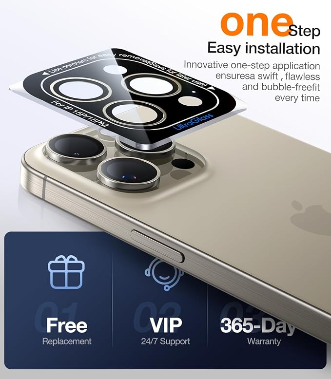 UltraGlass for iPhone 16 Pro Max/16 Pro Camera Lens Protector [NO.1 Military Grade Shatterproof] iPhone 16 Pro Max Camera Protector 16 Pro Lens Cover [Longest Durable] Easy Install Black Titanium