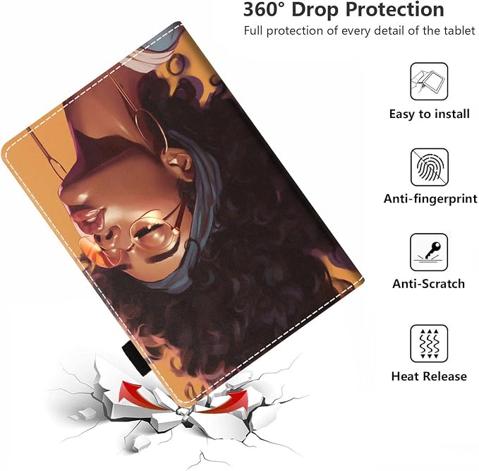 Case for Amazon Kindle Fire HD 10 Tablet 10.1 (9th/7th Generation 2019/2017 Release) - PU Leather Folio Case with Smart Auto Wake/Sleep African American Girl