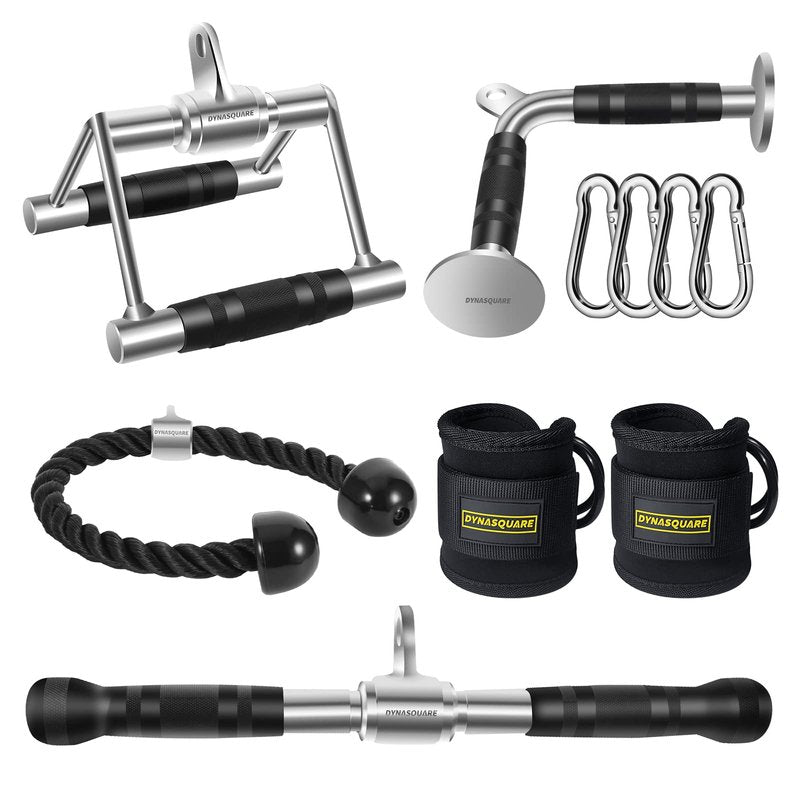DYNASQUARE Tricep Press Down Cable Machine Attachment, Heavy Duty Solid Steel Body Training Lat Pulldown Home Gym Accessories, Double D Row Handle, V Bar, Ankle Straps, Tricep Rope, Pull Down Bar