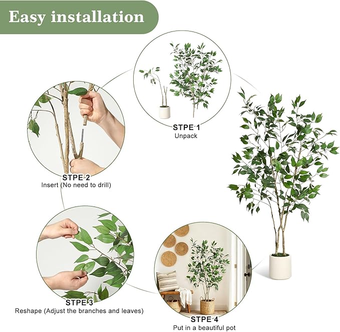 5FT Ficus Trees Artificial Indoor, Faux Silk Plant with Natural Wood Trunk and Lifelike Fruits, Black Imitation Ceramic Planter with Green Fake Moss for Modern Home Office Living Room Decor