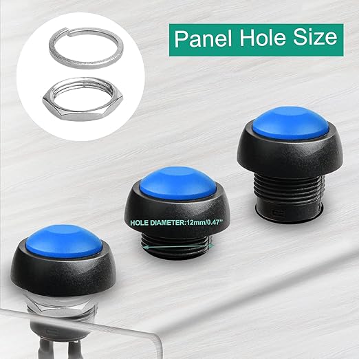 QTEATAK 1/2"(12mm) Pre-Wired Mounting Hole On/Off Blue Mini Round Waterproof Momentary Push Button Switch JF-33B -2Pack