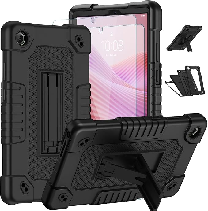 Tablet Case for Lenovo Tab One (TB305FU) 8.7 inch Shockproof Cover | with Tempered Glass Screen Protector &amp Strap &amp Kickstand for Lenovo Tab K9 8.7 inch 2025 (Model: TB305FU) (Black+2Pcs)