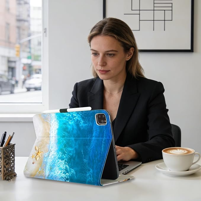 Vimorco for iPad Pro 11-inch Case M5/M4 2025/2024 for iPad Pro Case 11 Inch M5/M4 Pencil Holder/Hand Strap/Pocket/Screen Protection Band 3 Adjustable Angles Auto Sleep/Wake Beach Blue Ocean