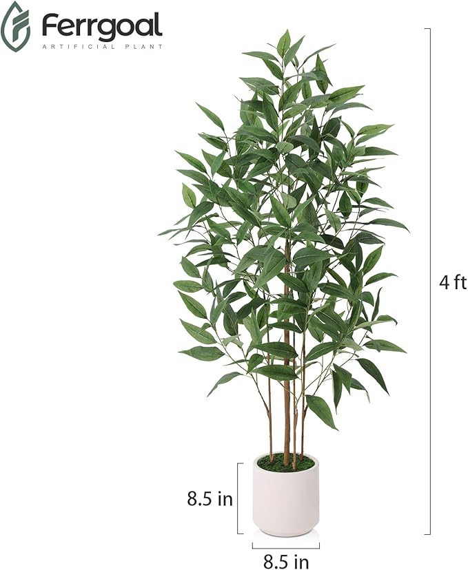Artificial Eucalyptus Tree，4FT UV Resistant Fake Outdoor Plants,Artificial Plants Indoor with White Planter,Silk Leaves,Faux Tree for Home Decor Floor Porch Liveing Room