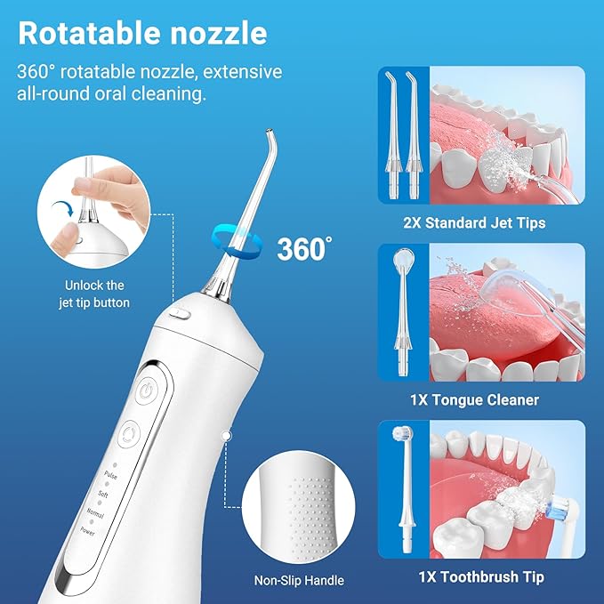 JNGOODS Cordless Water Dental Flosser Oral irrigator,JNGOODS 300ml Rechargeable Water flosser for Teeth IPX7 Waterproof 4 Modes Portable Oral Irrigator with 4 Jet Tips, Travel Home use (White)