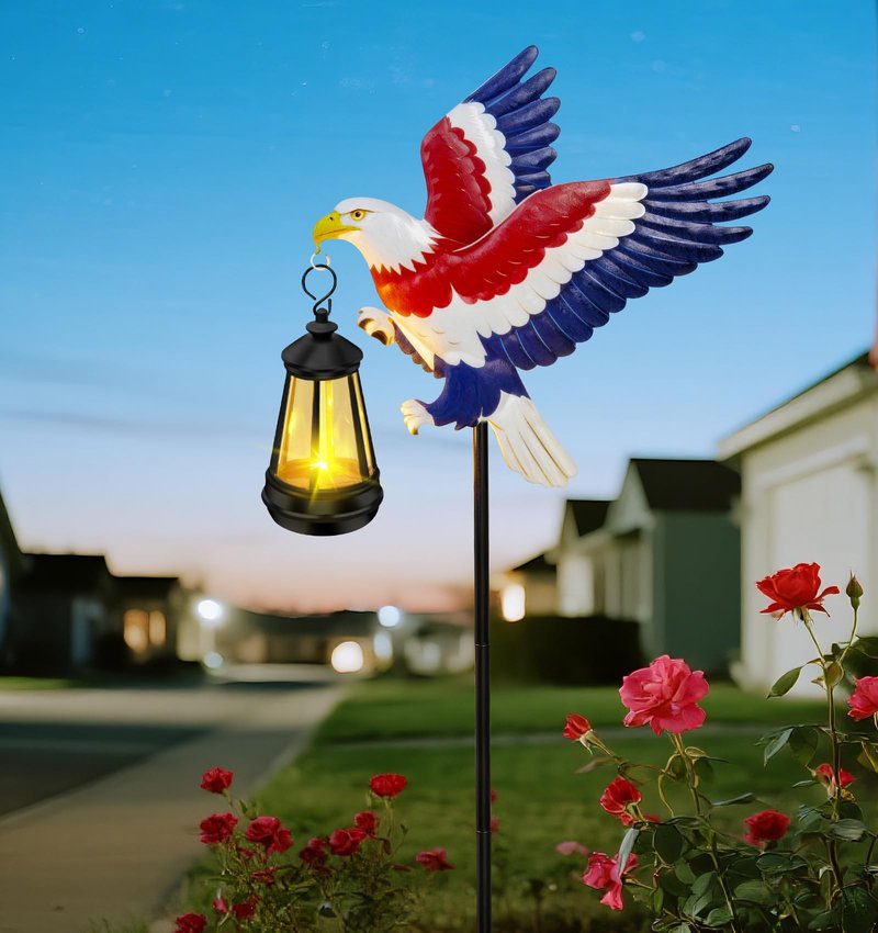 4th of July Decorations Outdoor Solar Lights, Solar Eagle Garden Lights with Lantern, Patriotic Eagle Stake Light for Yard Lawn Garden Patio, USA 250th Anniversary Decor for Memorial Day Veterans Day
