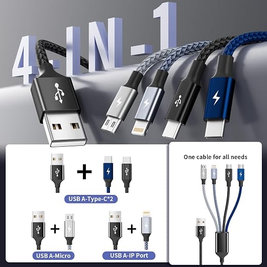 4 in 1 Multi Charging Cable 2 Pack 6FT Charging Cords for Devices | Nylon Braided USB C Car Charger Cable with Dual USB-C IP &amp Micro Ports Long Travel Charging Cord for Cars