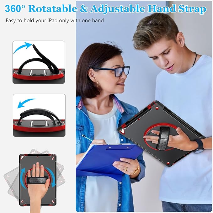 iPad Pro 12.9 Case 2nd Generation 2017 & 2015 1st Generation, Heavy Duty Rugged TPU Protective Cover with Screen Protector- Stand + Handle Hand & Shoulder Strap + Pencil Holder- Red+Black