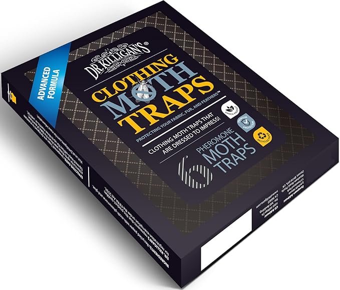 Dr. Killigan's Premium Clothing Moth Traps with Pheromones Prime | Non-Toxic Clothes Moth Trap with Lure for Closets & Carpet | Moth Treatment & Prevention | Case Making & Web Spinning (Black, 6 pack)