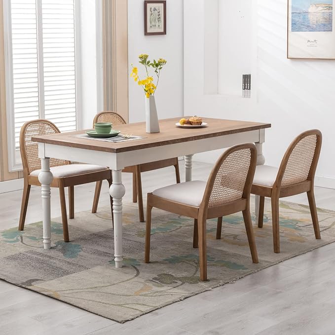 HEAH-YO Rattan Dining Chairs Set of 4, Upholstered Linen Dining Room Chairs with Backrests, Modern Kitchen Chairs with Wood Legs for Dining Room, Beige
