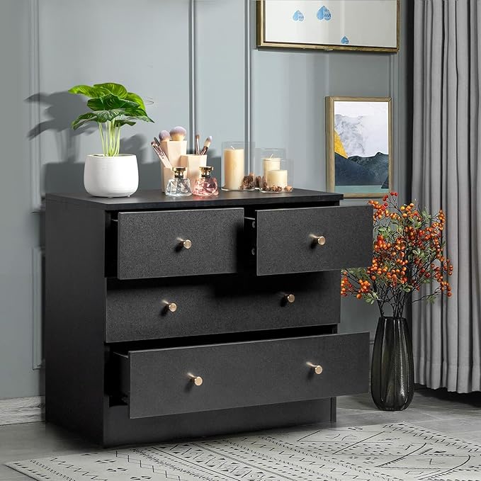 Karl home Black 4 Drawer Dresser for Bedroom, Modern Wood Dresser Chest of Drawers, Bedroom Dressers Nightstand, Anti-Tipping Device, Rose Gold Metal Handle, Living Room, Hallway, Office