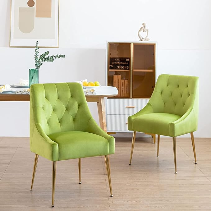 Modern Dining Chair Set of 6, Mid-Century Room Chair, Upholstered Comfortable Velvet with Back Pull Rod and Metal Legs for Kitchen, Living (Yellow-Green) (DYXSD)