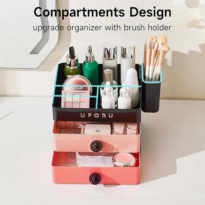 Makeup Organizer for Vanity with Brush Holder, Countertop Organizer with 2 Drawers, Spacious Cosmetic Display Case for Beauty Essential, Skincare, Lipstick