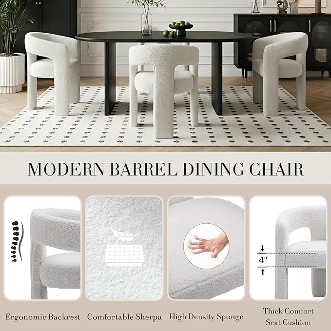 Modern Sherpa Barrel Dining Chair Upholstered Faux Fur Dining Room Chair with arm Comfy Accent Side Chair for Kitchen/Living Room/Reception, White