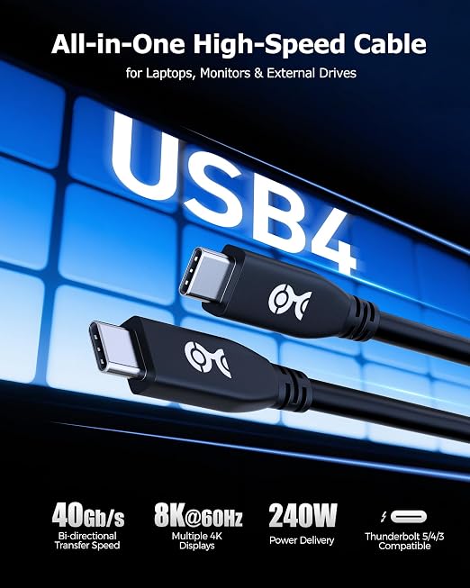 Cable Matters 40Gbps USB4 Cable 1ft Black | [8K@60Hz / 4K@240Hz Video 240W Charging 40Gbps Data] USB 4 Cable Compatible with Thunderbolt 4 MacBook XPS Surface Pro