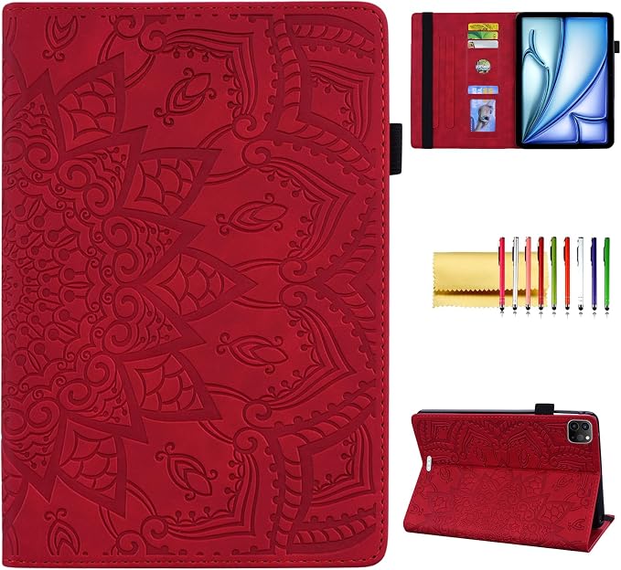 Folio Case for iPad Pro 11 2018-2022 iPad Air 11 2025/2024/Air 10.9 - Techcircle Stand Mandala Embossed PU Leather Soft TPU Cover with Elastic Strap Card Slots Pencil Holder - Pink