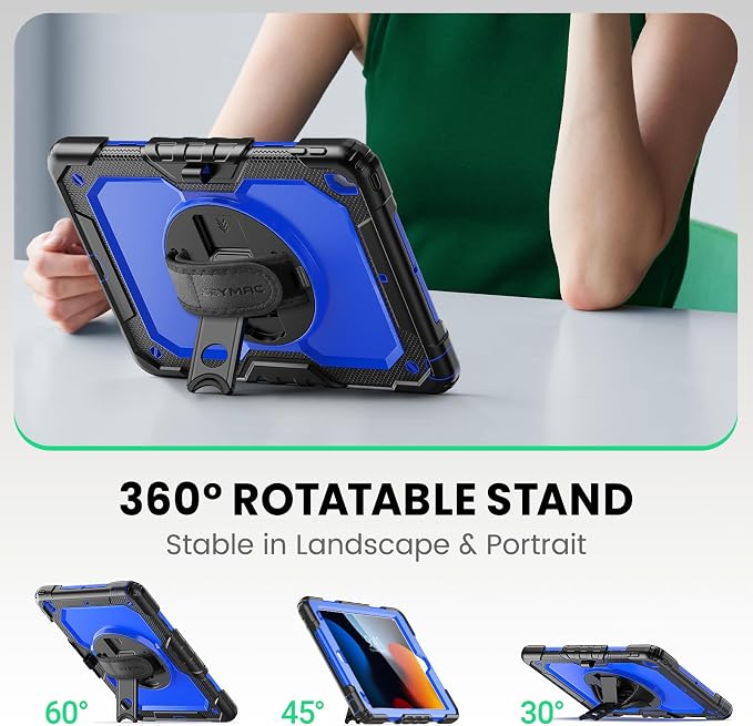 SEYMAC for iPad 9th/8th/7th Generation Case 10.2 2021-2019 Full-Body Shockproof Protective Case with Screen Protector Rotating Stand/Handle/Shoulder Strap for iPad 10.2 Blue/Black