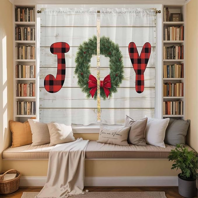 Christmas Wreaths Window Curtains 63 Inch Long 2 Panel Set, Rod Pocket Bedroom