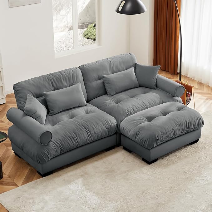 93.7” Oversized Grey Velvet Loveseat Sofa, Deep Seat 2-Seater Modular Sectional Couches for Living Room with 1 Ottoman, Cloud Home Sofas Set, Love Seat Couches