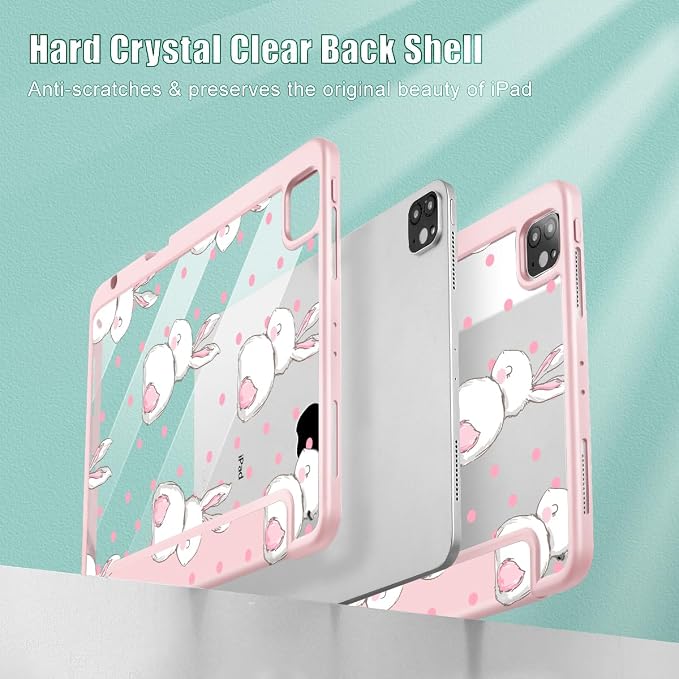May Chen Case for iPad 12.9 Inch (6th/5th/4th/3rd Generation 2022/2021/2020/2018) Pencel Holder + Trifold Support Auto Sleep/Wake Transparent Shockproof Back Cover Blue Bows