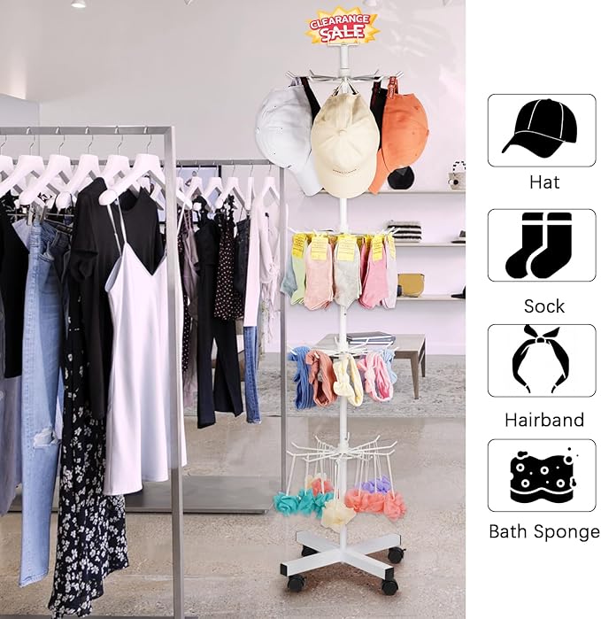 Exttlliy 5-Tier Metal Spinning Display Stand Rack with Wheels, Keychain Jewelry Stocking Hat Display Stand, White
