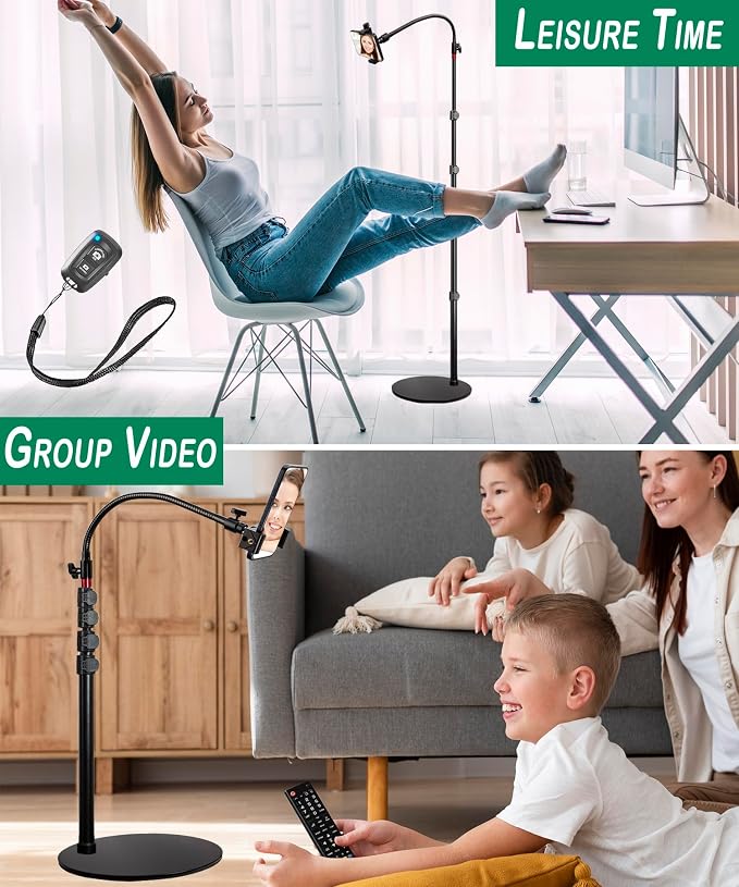 Tall Video Cell Phone Mount with Height Adjustable Stand Heavy Base 360 Head - Compatible with iPhone 16 16 Pro Max 16 Plus 15 14 13