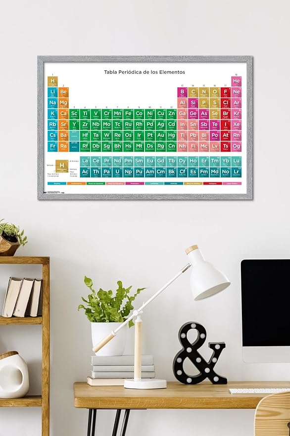 Periodic Table Of Elements - Spanish Wall Poster, 34L" x 22.4W", Gray Framed Version