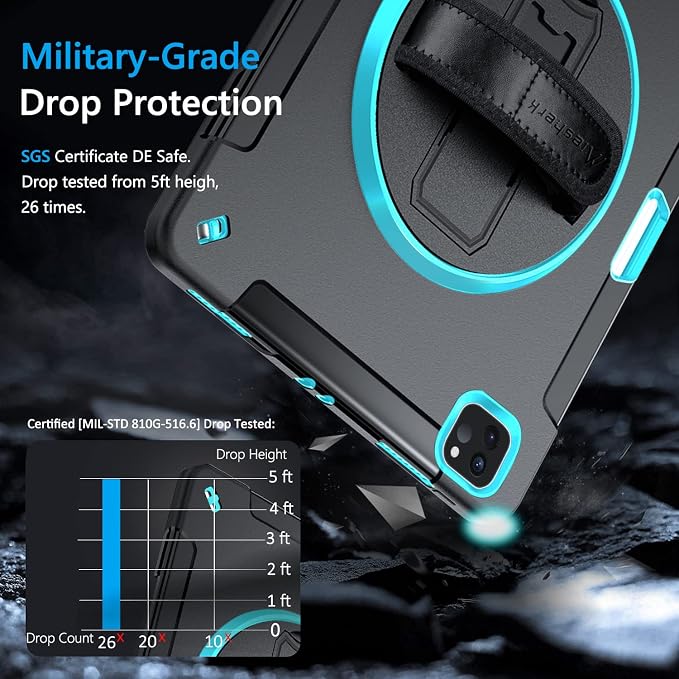Miesherk Case for iPad Pro 12.9 Inch 6th/5th/4th GenShockproofGreen | Military Grade Heavy Duty Shockproof iPad Pro 12.9 Case - Rotating Stand Pencil Holder Hand/Shoulder Strap