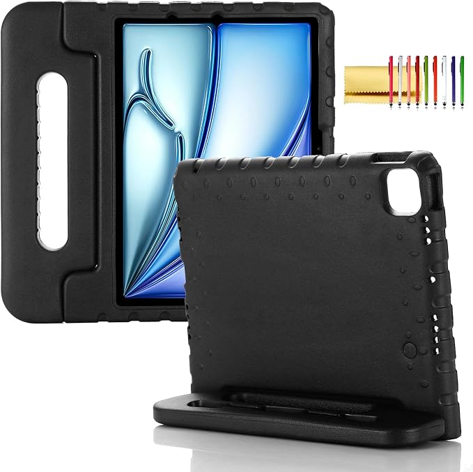 Kids Case for iPad Pro 11 M5/M4 &amp iPad Air 11 (2026/2025/2024) Shockproof Case with Pencil Holder Techcircle Light EVA Foam Handle Stand Bumper Protective Child Friendly Drop Proof Cover Black