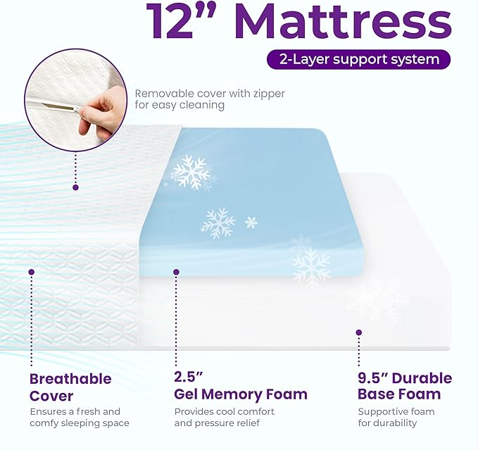 GAESTE 12 Inch Queen Cooling Gel Memory Foam Mattress Medium Firm for Cool Sleep Pressure Relieving CertiPUR-US Certified Foam, Convenient Mattress in a Box Fiberglass Free (Queen, 12 in)