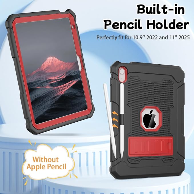 LTROP Case for iPad A16 11th Generation 2025 11 Inch / 10th Generation 2022 10.9 Inch with Kickstand and Pencil Holder Shockproof Rugged Protective iPad 11 inch Cover Black